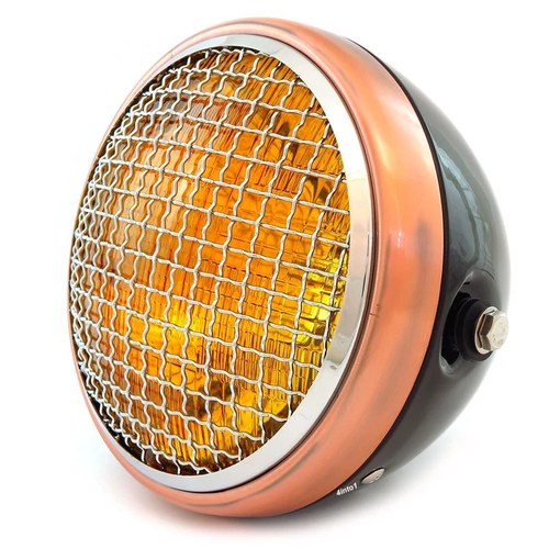 7" Side Mount Motorcycle H4 Halogen Headlight - Gloss Black Bronze Chrome Grill