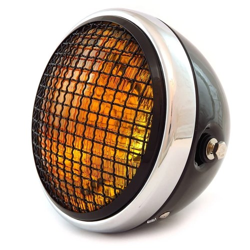 7" Side Mount Motorcycle Headlight w/ Grill - Gloss Black Chrome - Amber Halogen