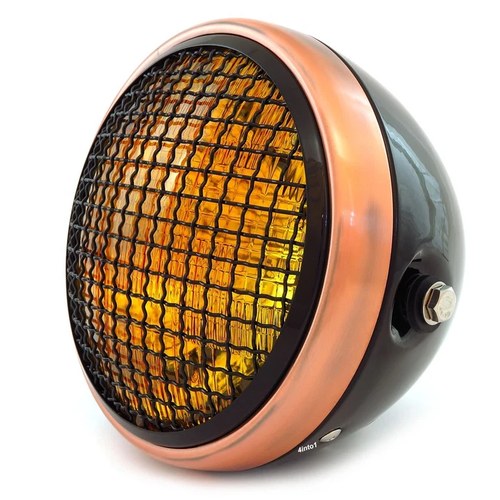 7" Side Mount Motorcycle H4 Halogen Headlight w/ Grill Gloss Black Bronze Amber