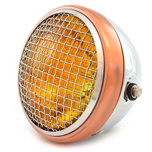 7" Side Mount Motorcycle H4 Halogen Headlight w/ Grill - Chrome - Bronze - Amber