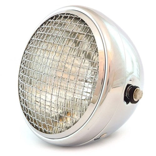 7" Custom Side Mount Motorcycle Headlight w/ Grill - Chrome - Clear H4 Halogen