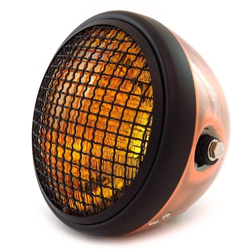 7" Side Mount Motorcycle H4 Halogen Headlight w/ Grill Bronze Matte Black Amber