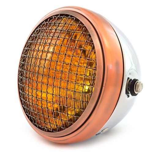 7" Custom Side Mount Motorcycle Headlight Chrome Bronze Grill - Amber H4 Halogen