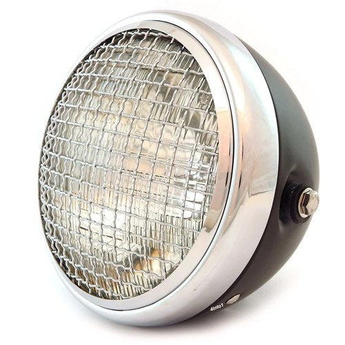 7" Side Mount Motorcycle Headlight w/ Grill Matte Black Chrome Clear H4 Halogen