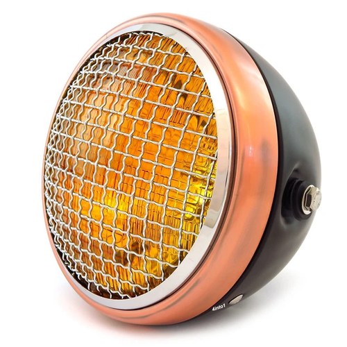 7" Side Mount Motorcycle H4 Halogen Headlight - Matte Black Bronze Chrome Grill