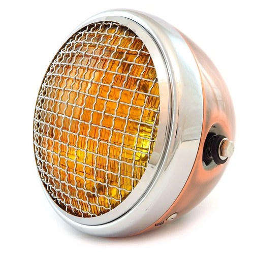 7" Side Mount Motorcycle H4 Halogen Headlight w/ Grill - Bronze - Chrome - Amber