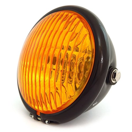 5.75" Side Mount Halogen Motorcycle Headlight - Matte Black - Gloss Black Amber