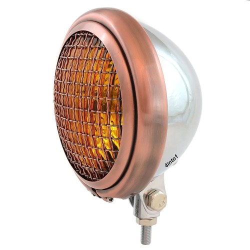 5.75" Custom Motorcycle Bottom Mount Headlight w/ Grill - Chrome Bronze Amber