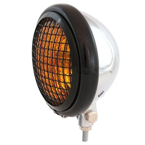 5.75" Motorcycle Bottom Mount Headlight w/ Grill - Chrome Gloss Black Amber