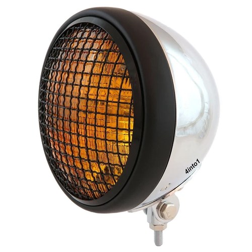 7" Bottom Mount Motorcycle Headlight w/ Grill - Chrome Balck - Amber H4 Halogen