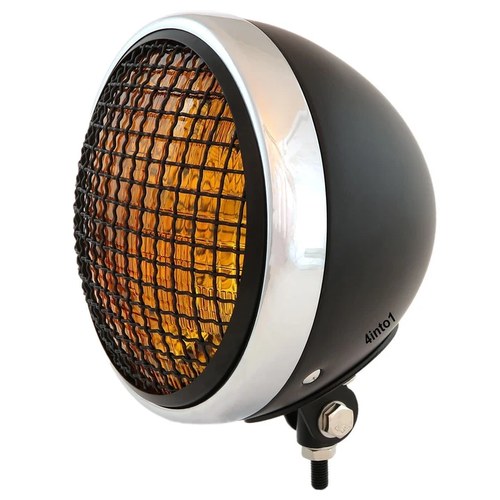 7" Bottom Mount Motorcycle H4 Halogen Headlight w/ Grill - Black Chrome Amber