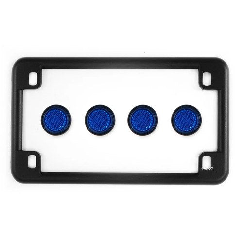 Matte Black Motorcycle License Plate Frame w/ 4 Blue Reflector Bolts Set
