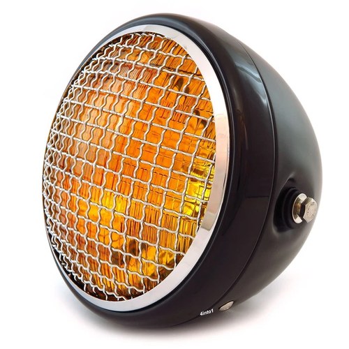 7" Side Mount Motorcycle H4 Halogen Headlight w/ Grill Matte Black Chrome Amber