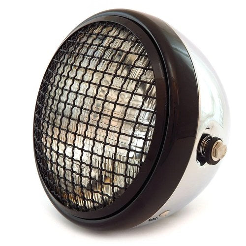 7" Side Mount Motorcycle H4 Halogen Headlight w/ Grill Chrome Gloss Black Clear