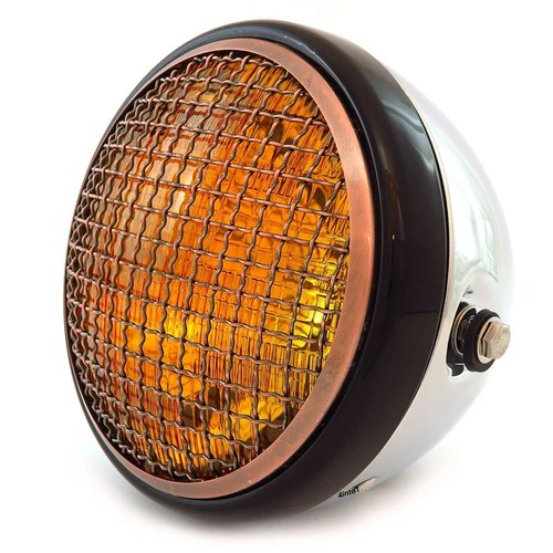 7" Side Mount Motorcycle H4 Halogen Headlight - Chrome Black Bronze Grill Amber