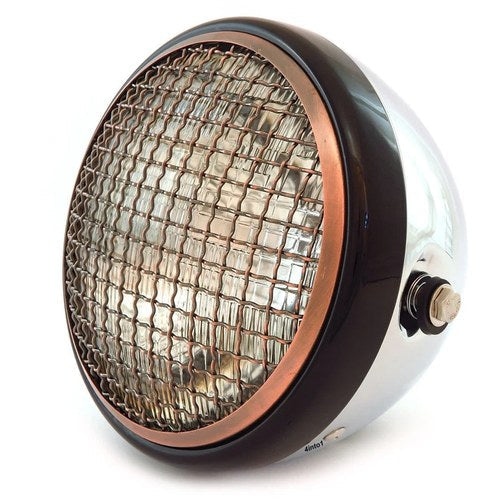 7" Side Mount Motorcycle H4 Halogen Headlight - Chrome Gloss Black Bronze Grill
