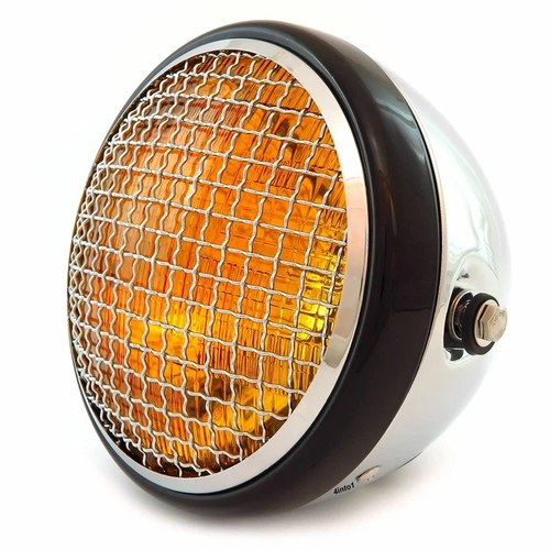 7" Side Mount Motorcycle H4 Halogen Headlight w/ Grill Chrome Gloss Black Amber