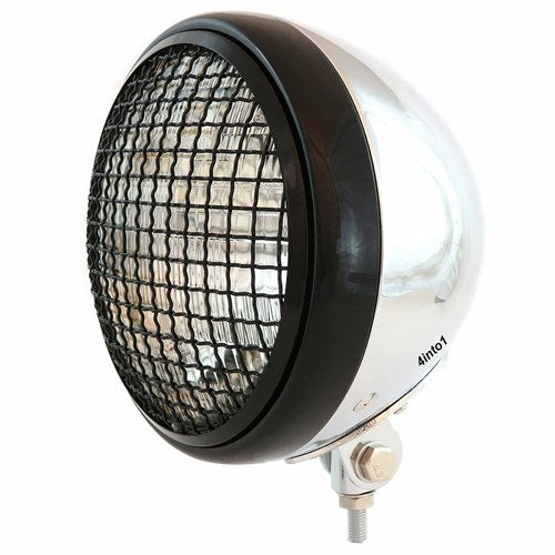 7" Bottom Mount Motorcycle H4 Halogen Headlight w/ Grill - Chrome Black - Clear