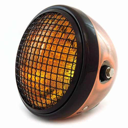 7" Side Mount Motorcycle H4 Halogen Headlight w/ Grill Bronze Gloss Black Amber