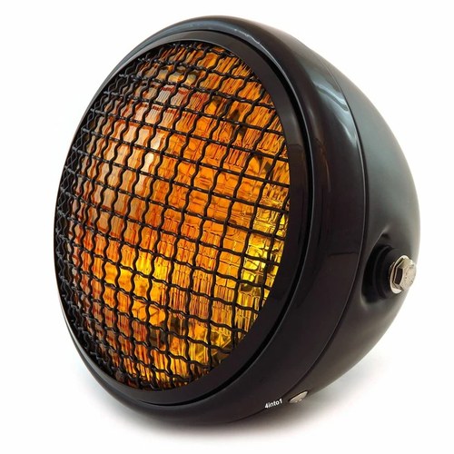 7" Side Mount Motorcycle Headlight w/ Grill - Matte/Gloss Black Amber H4 Halogen