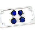 Chrome Motorcycle License Plate Frame w/ 4 Blue Reflector Bolts Set