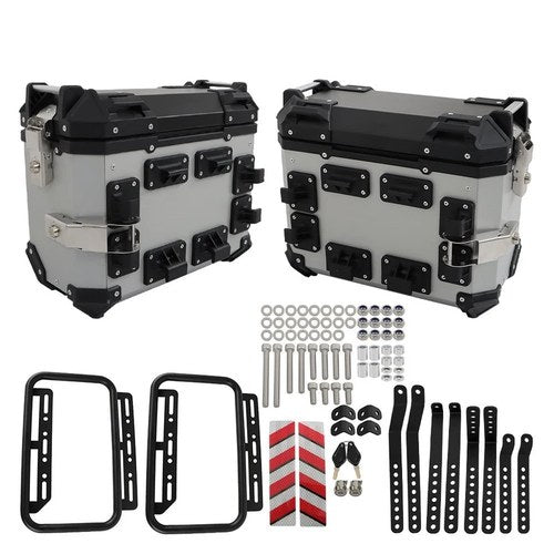36L Motorcycle Silver Hard Side Saddlebag Box Trunk Tour W/Support Racks New