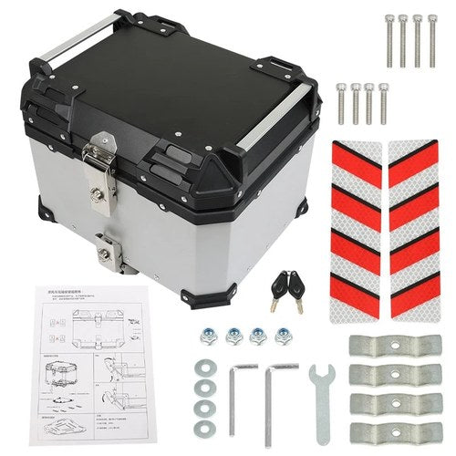 45L Motorcycle Top Case Lock Trunk Luggage Tour Tail Box Storage SilverAluminum