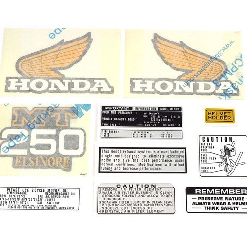 Decal Set - 1975 Honda MT250 Elsinore - Gas Fuel Tank Side Covers Warning Helmet
