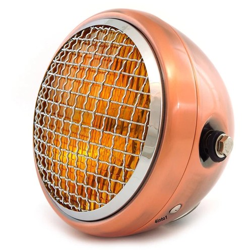 6.5" Side Mount H4 Halogen Motorcycle Headlight w/ Grill - Bronze Chrome Amber