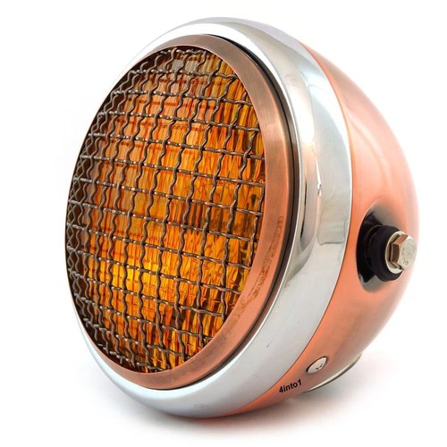 6.5" Side Mount H4 Halogen Motorcycle Headlight w/ Grill - Bronze Chrome Amber