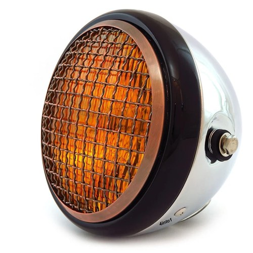 6.5" H4 Halogen Motorcycle Headlight w/ Grill - Chrome Gloss Black Bronze Amber