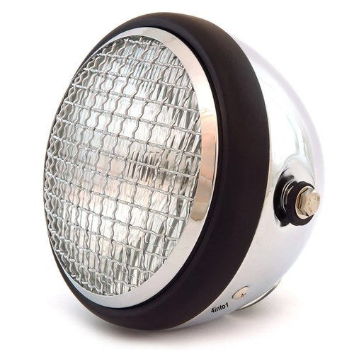 6.5" Side Mount H4 Halogen Motorcycle Headlight w/ Grill - Chrome Matte Black