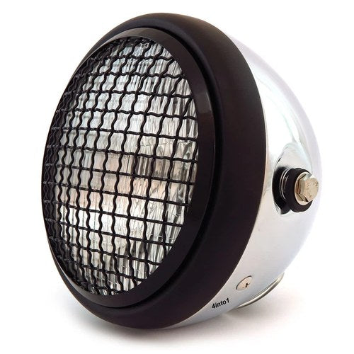 6.5" H4 Halogen Motorcycle Headlight w/ Grill - Chrome Matte Black Gloss Black