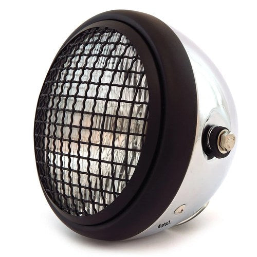 6.5" Side Mount H4 Halogen Motorcycle Headlight w/ Grill - Chrome Matte Black