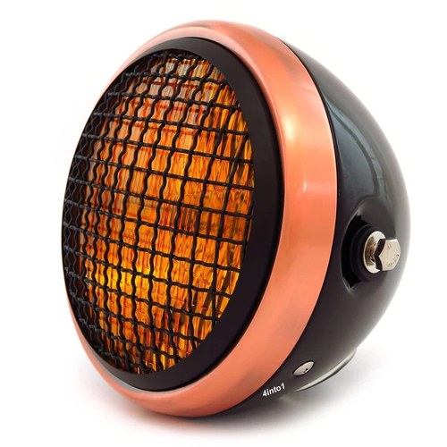 6.5" H4 Halogen Motorcycle Headlight w Grill - Gloss Black Bronze Black Amber