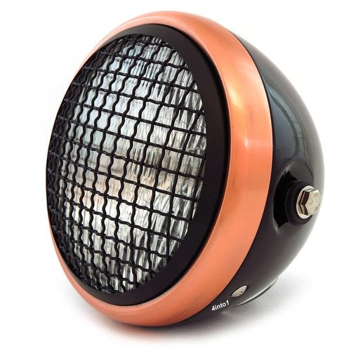 6.5" H4 Halogen Motorcycle Headlight w/ Grill - Gloss Black Bronze Matte Black