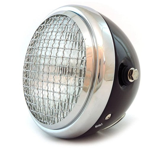 6.5" Side Mount H4 Halogen Motorcycle Headlight w/ Grill - Gloss Black Chrome