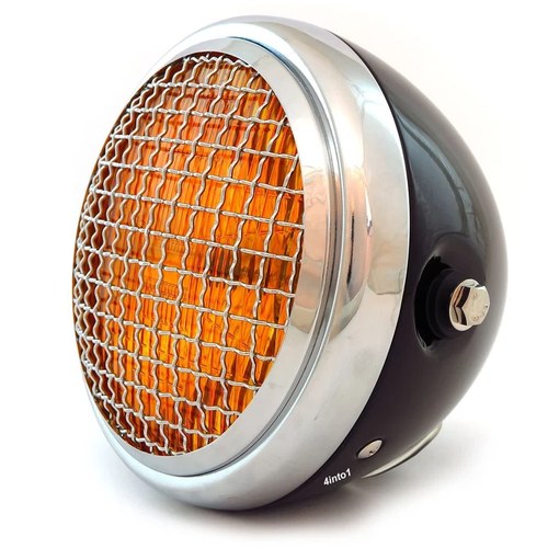 6.5" Side Mount H4 Halogen Motorcycle Headlight w/ Grill - Black Chrome Amber