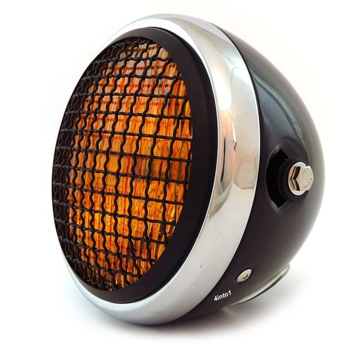 6.5" H4 Halogen Motorcycle Headlight w Grill - Gloss Black Chrome Black Amber