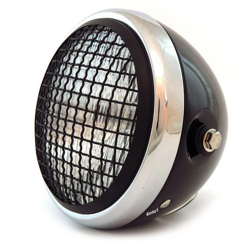 6.5" H4 Halogen Motorcycle Headlight w/ Grill - Gloss Black Chrome Matte Black
