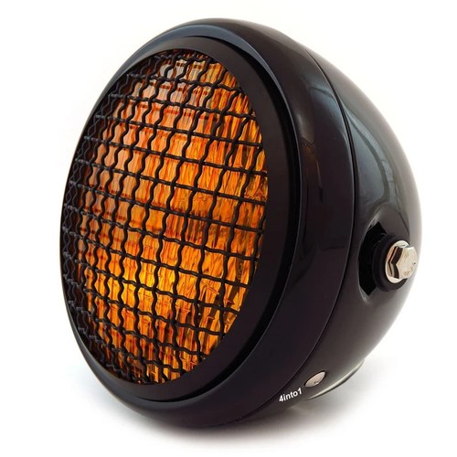 6.5" Side Mount H4 Halogen Motorcycle Headlight w/ Grill - Gloss Black Amber