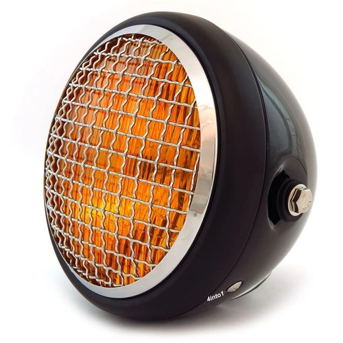 6.5" H4 Halogen Motorcycle Headlight w/ Grill - Gloss / Matte Black Chrome Amber
