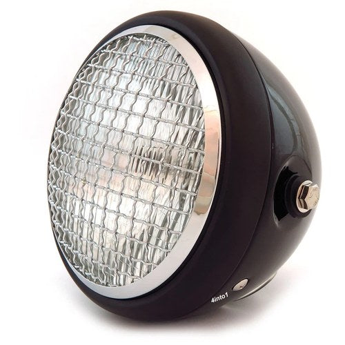 6.5" H4 Halogen Motorcycle Headlight w/ Grill - Gloss Black Matte Black Chrome