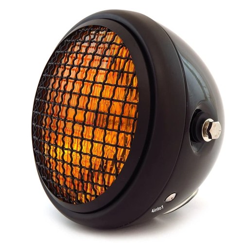 6.5" H4 Halogen Motorcycle Headlight w/ Grill - Matte Black Gloss Black Amber