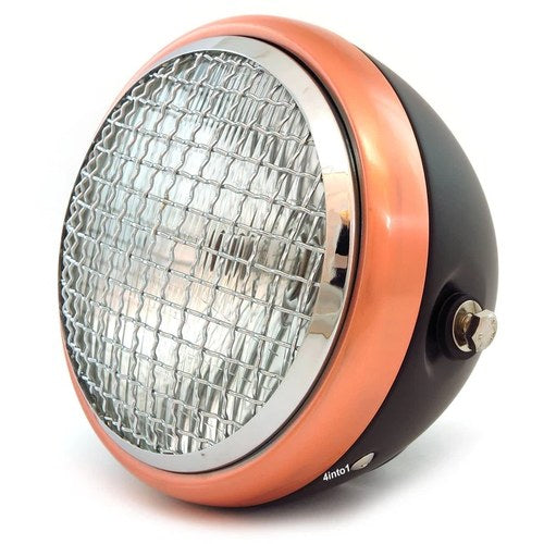 6.5" Side Mount H4 Halogen Motorcycle Headlight w Grill - Black Bronze Chrome