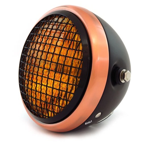 6.5" H4 Halogen Motorcycle Headlight w Grill - Matte Black Bronze Black Amber