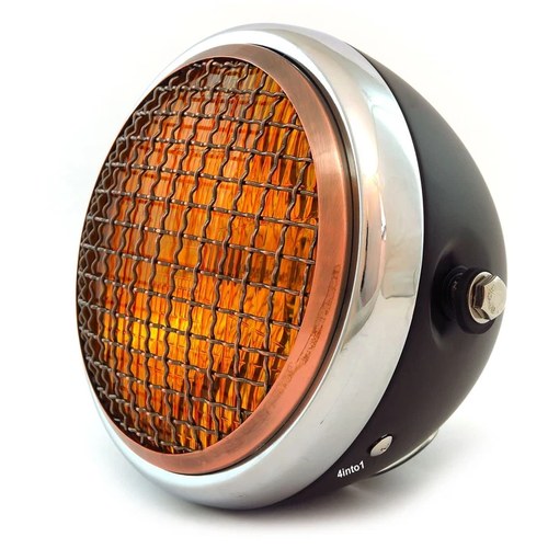 6.5" H4 Halogen Motorcycle Headlight w/ Grill - Matte Black Chrome Bronze Amber