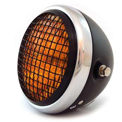 6.5" H4 Halogen Motorcycle Headlight w/ Grill - Matte Black Chrome Black Amber