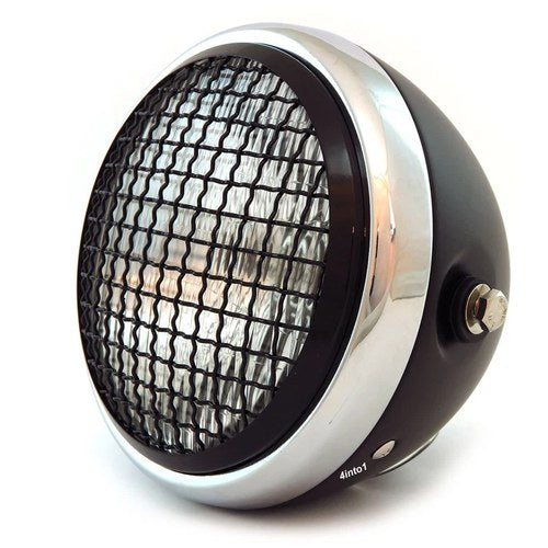6.5" H4 Halogen Motorcycle Headlight w/ Grill - Matte Black Chrome Gloss Black