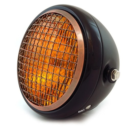 6.5" H4 Halogen Motorcycle Headlight w/ Grill - Matte / Gloss Black Bronze Amber